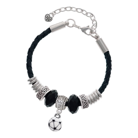Delight Jewelry Silvertone Mini Enamel Soccer ball - Niece Celtic Knot Leather Bead Bracelet, 7"+2" Extender
