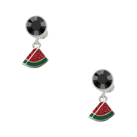 Delight Jewelry Silvertone Mini Enamel Watermelon Slice Black Crystal Clip on Earrings