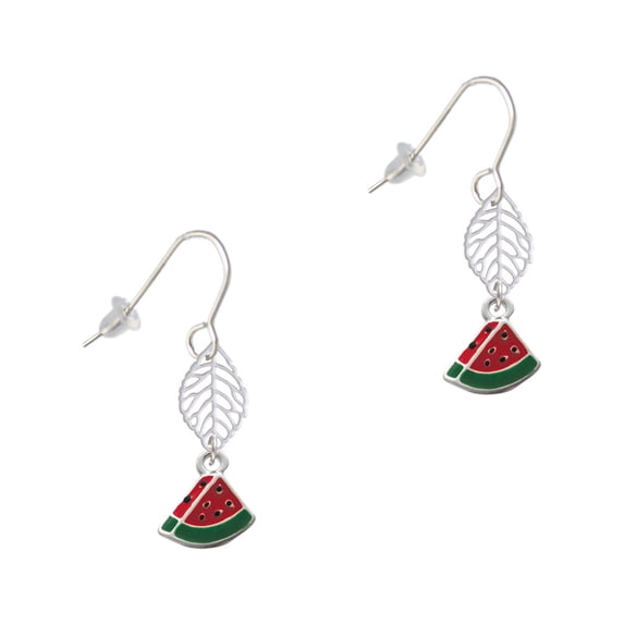 Delight Jewelry Silvertone Mini Enamel Watermelon Slice Silvertone Leaf French Earrings