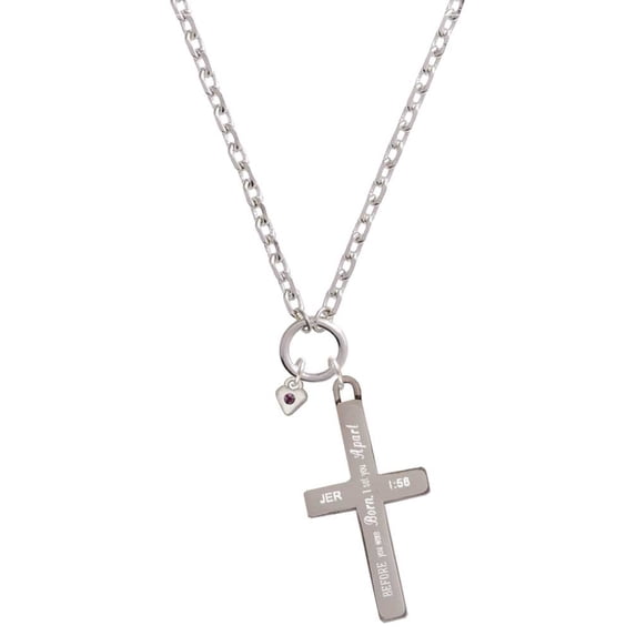 Delight Jewelry Silvertone Mini February - Purple Crystal Heart I Set You Apart Engraved Cross Zoey Necklace, 28"