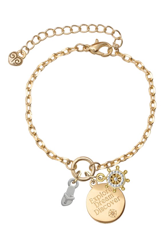 Silvertone Mini Flip Flop Goldtone Discover Dream Explore Zoey Charm Bracelet, 6.5+2" Extender