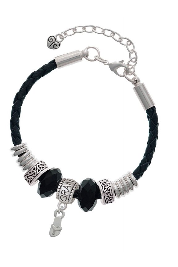 Silvertone Mini Flip Flop Grandmother Celtic Knot Leather Bead Bracelet, 7"+2" Extender
