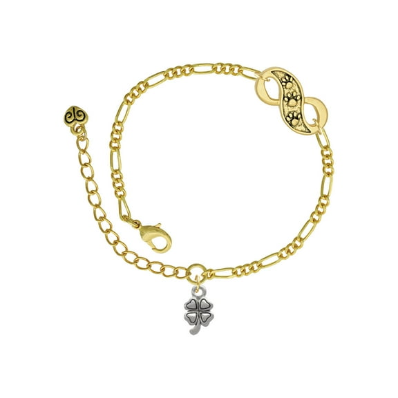 Delight Jewelry Silvertone Mini Four Leaf Clover Gold-tone Paw Infinity Link Chain Bracelet, 6"+2" Extender
