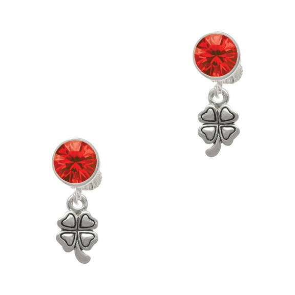 Delight Jewelry Silvertone Mini Four Leaf Clover Red Crystal Clip on Earrings