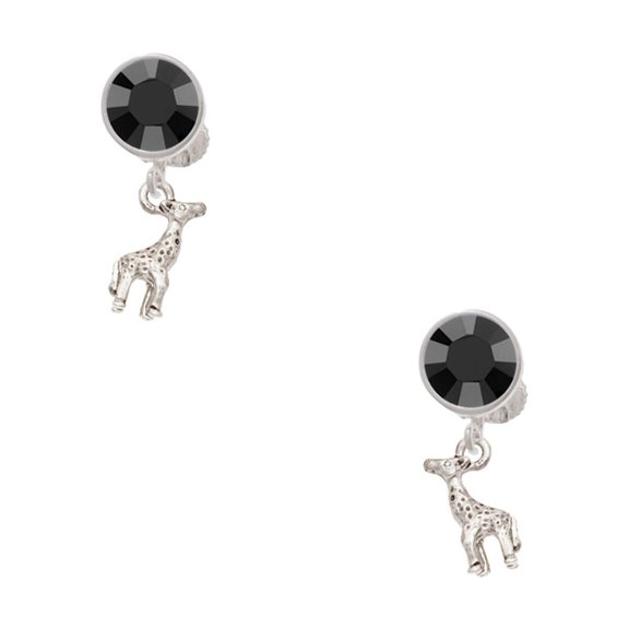 Delight Jewelry Silvertone Mini Giraffe Black Crystal Clip on Earrings