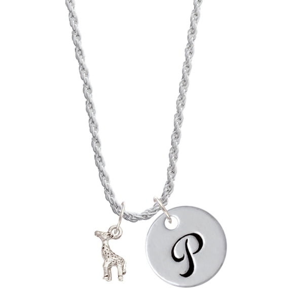 Delight Jewelry Silvertone Mini Giraffe Silvertone Script Initial Disc - P - Charm Necklace, 20"+3"