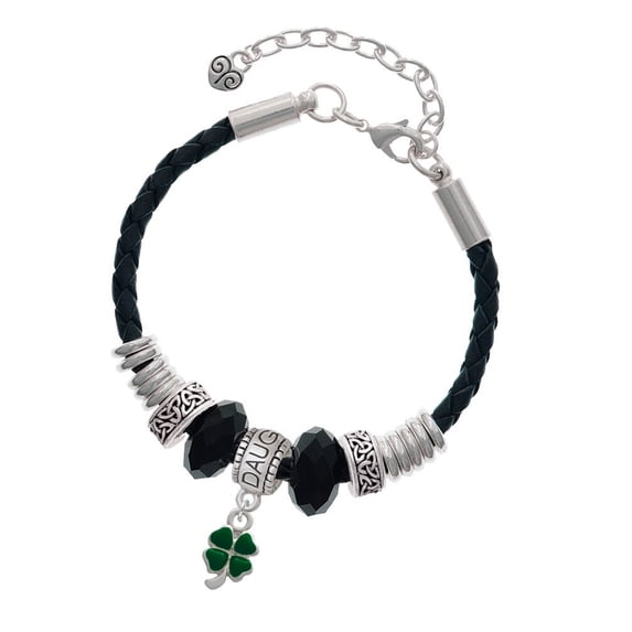 Delight Jewelry Silvertone Mini Green Four Leaf Clover with Heart Leaves Daughter Celtic Knot Leather Bead Bracelet, 7"+2" Extender