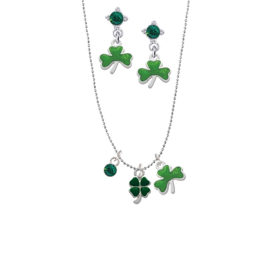 Delight Jewelry Silvertone Mini Green Four Leaf Clover with Heart Leaves Green Shamrock Necklace and Clover Earrings Jewelry Set