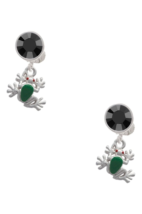Silvertone Mini Green Tree Frog Black Crystal Clip on Earrings