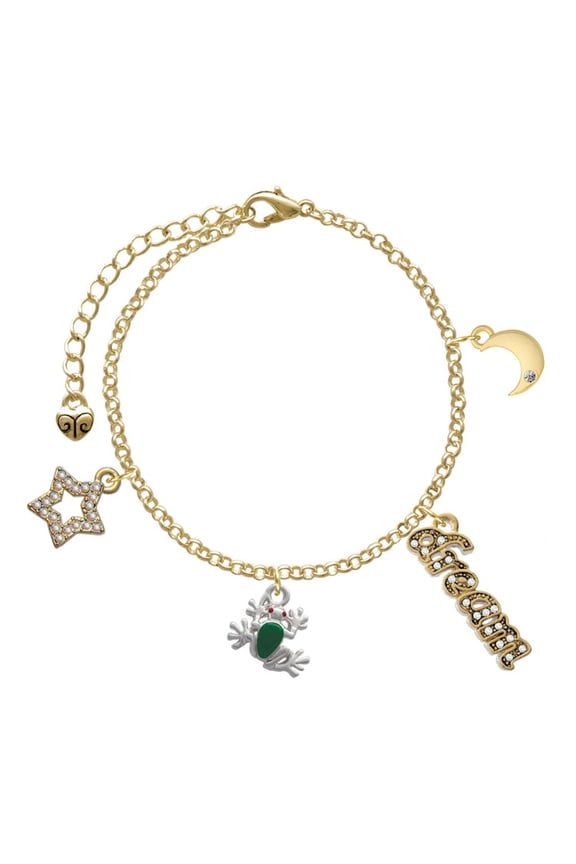 Silvertone Mini Green Tree Frog Goldtone Dream Big Charm Bracelet, 7.5+2" Extender
