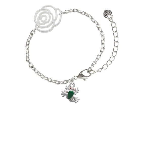 Delight Jewelry Silvertone Mini Green Tree Frog Silver-tone Flower Link Chain Bracelet, 6.75"+2" Extender