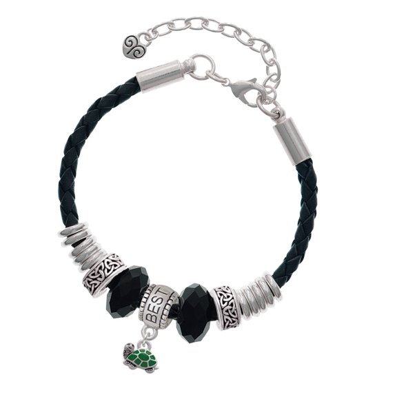 Delight Jewelry Silvertone Mini Green Turtle - Side Best Friend Celtic Knot Leather Bead Bracelet, 7"+2" Extender