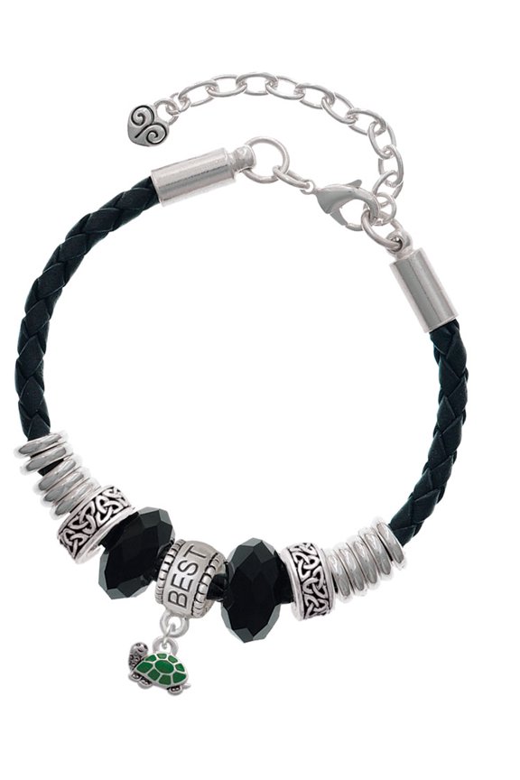Silvertone Mini Green Turtle - Side Best Friend Celtic Knot Leather Bead Bracelet, 7"+2" Extender