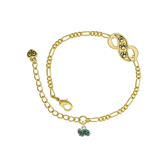 Delight Jewelry Silvertone Mini Green Turtle - Side Gold-tone Paw Infinity Link Chain Bracelet, 6"+2" Extender