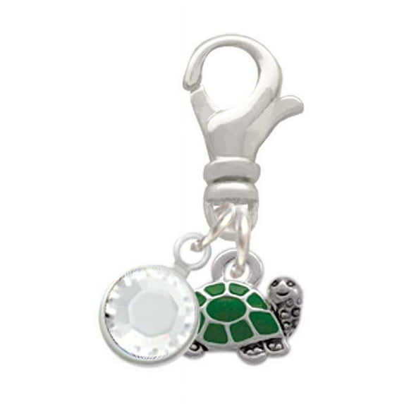 Delight Jewelry Silvertone Mini Green Turtle - Side - Silvertone Clip on Charm with Clear Crystal Drop