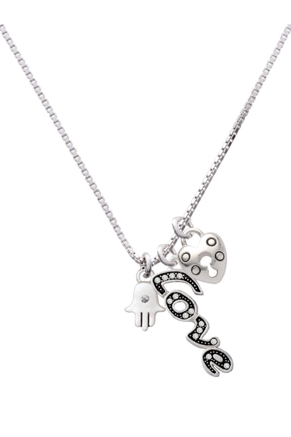 Silvertone Mini Hamsa Hand - Love and Lock Charm Necklace, 18"+1"