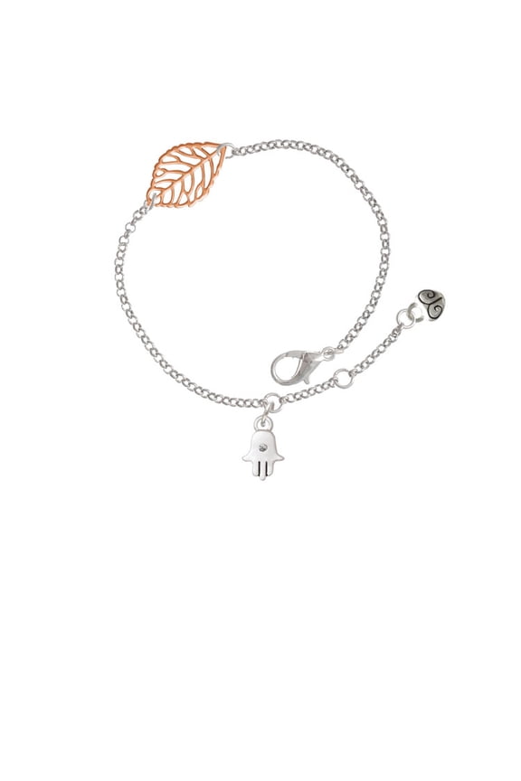 Silvertone Mini Hamsa Hand - Rose Goldtone Leaf Delicate Bracelet, 6.25+1.75"