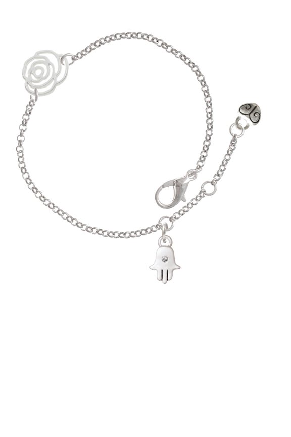 Silvertone Mini Hamsa Hand Silver-tone Rose Link Chain Bracelet, 6.25"+1.75" Extender