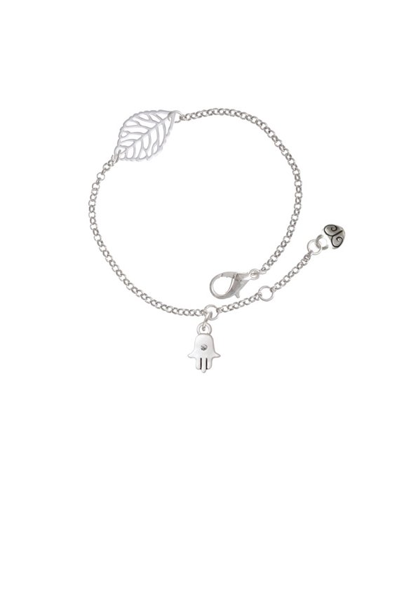 Silvertone Mini Hamsa Hand - Silvertone Leaf Delicate Bracelet, 6.25+1.75"