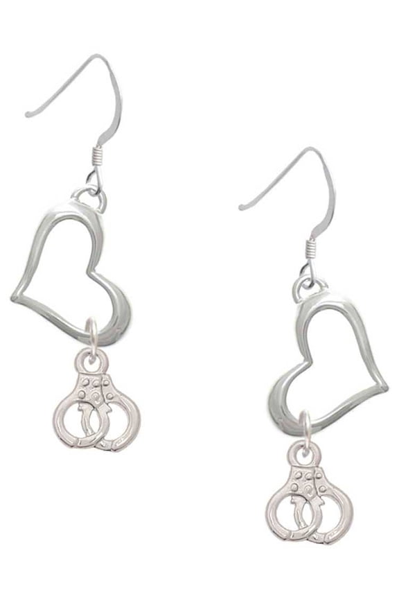 Silvertone Mini Handcuffs Open Heart French Earrings