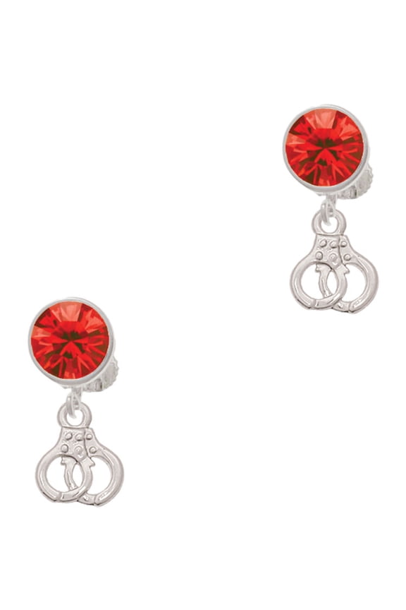 Silvertone Mini Handcuffs Red Crystal Clip on Earrings