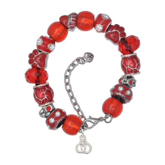 Delight Jewelry Silvertone Mini Handcuffs Red Paw Print Bead Bracelet, 7"+2"