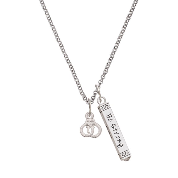 Delight Jewelry Silvertone Mini Handcuffs Silvertone Be Strong and Courageous Bar Charm Necklace, 23"