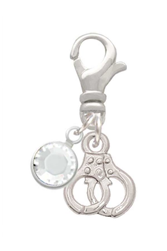 Silvertone Mini Handcuffs - Silvertone Clip on Charm with Clear Crystal Drop