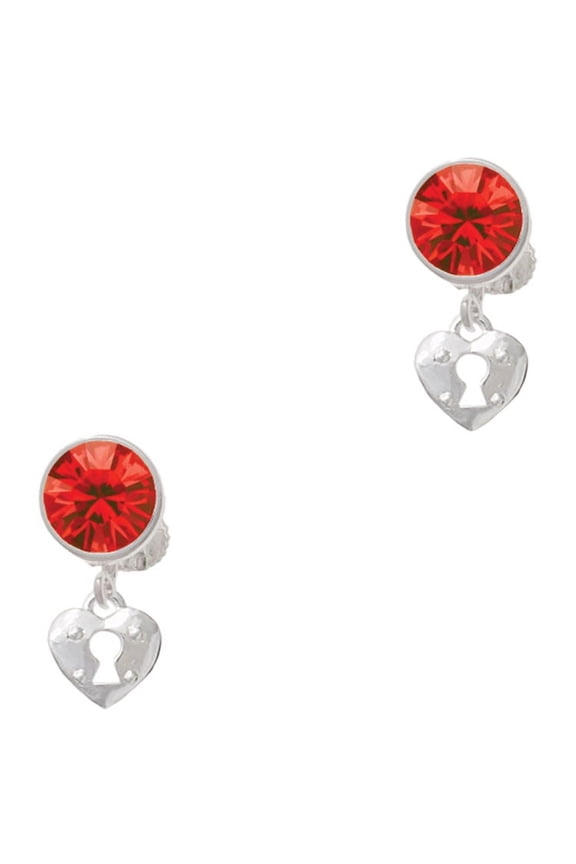 Silvertone Mini Heart Lock Red Crystal Clip on Earrings