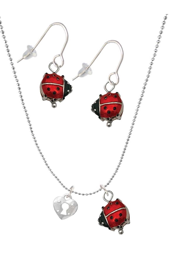Silvertone Mini Heart Lock Red Lucky Ladybug Necklace and Dangle Earrings Set