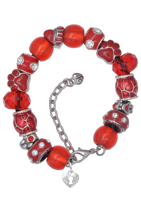 Silvertone Mini Heart Lock Red Paw Print Bead Bracelet, 7"+2"