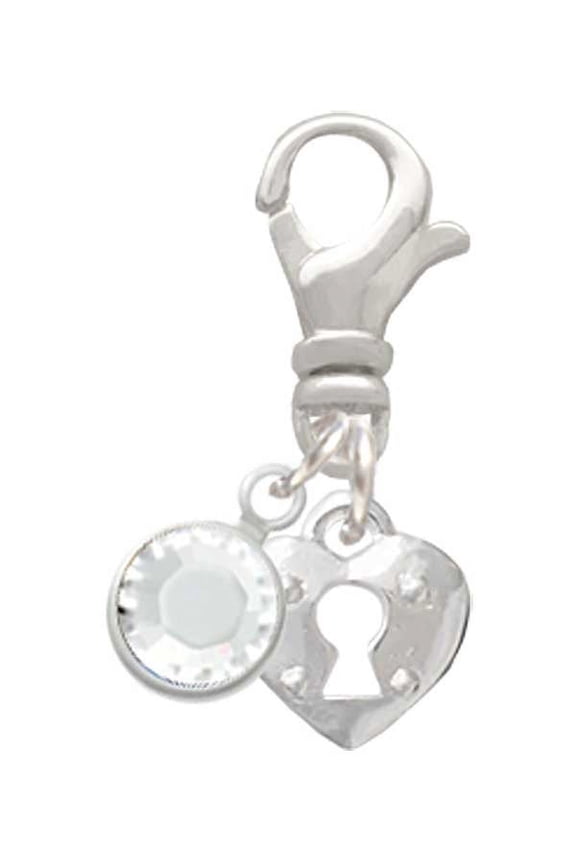 Silvertone Mini Heart Lock - Silvertone Clip on Charm with Clear Crystal Drop