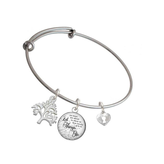 Delight Jewelry Silvertone Mini Heart Lock Silvertone Let Things Go Tree Charm Bangle Bracelet