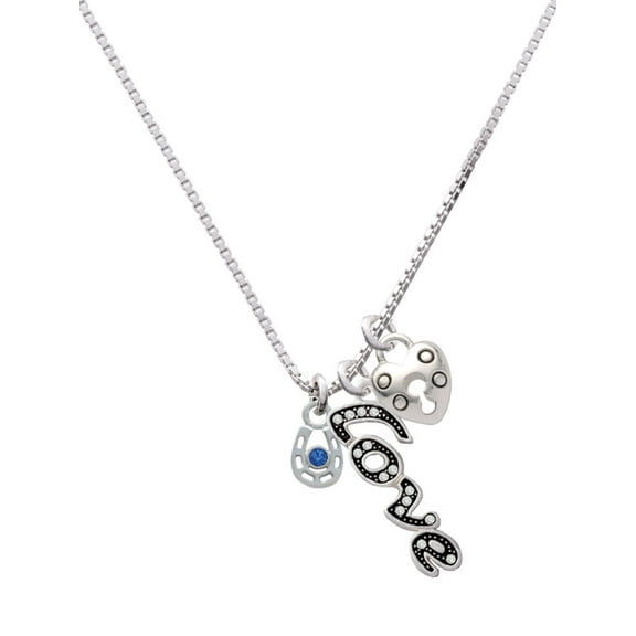 Delight Jewelry Silvertone Mini Horseshoe with Blue Crystal - Love and Lock Charm Necklace, 18"+1"
