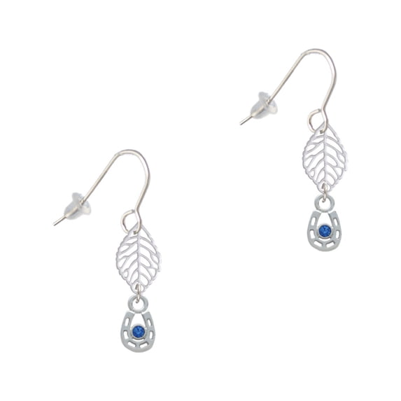 Delight Jewelry Silvertone Mini Horseshoe with Blue Crystal Silvertone Leaf French Earrings
