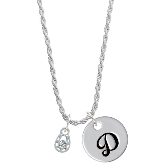 Delight Jewelry Silvertone Mini Horseshoe with Clear Crystal Silvertone Script Initial Disc - D - Charm Necklace, 20"+3"