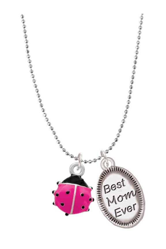 Silvertone Mini Hot Pink Ladybug Best Mom Ever Charm Necklace