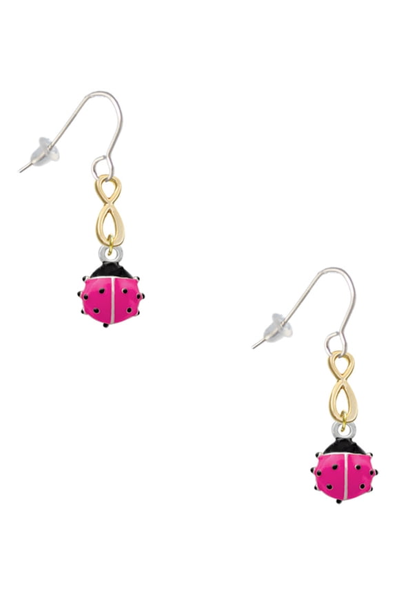 Silvertone Mini Hot Pink Ladybug Gold Tone Infinity French Earrings
