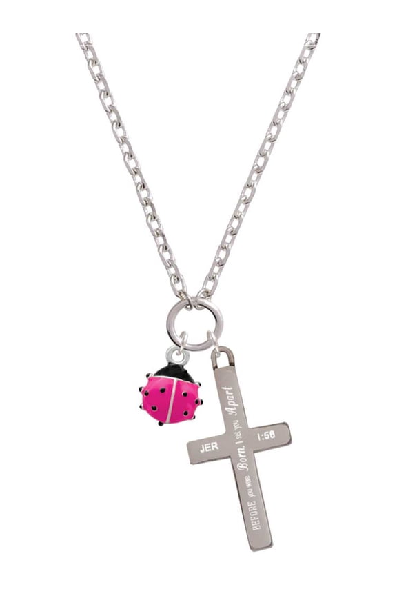 Silvertone Mini Hot Pink Ladybug I Set You Apart Engraved Cross Zoey Necklace, 28"