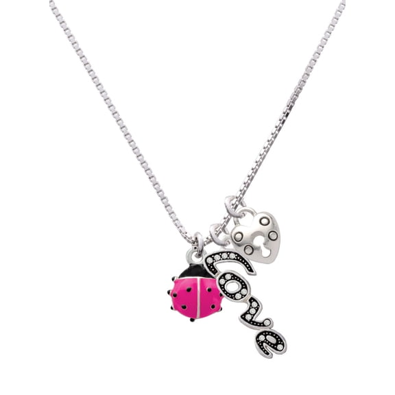 Delight Jewelry Silvertone Mini Hot Pink Ladybug - Love and Lock Charm Necklace, 18"+1"