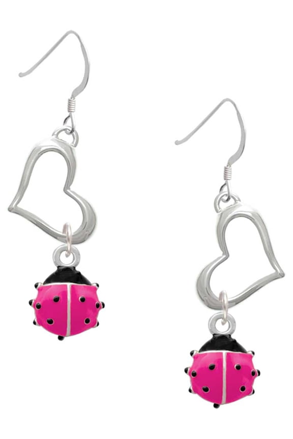 Silvertone Mini Hot Pink Ladybug Open Heart French Earrings