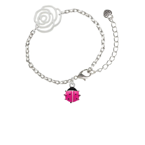 Delight Jewelry Silvertone Mini Hot Pink Ladybug Silver-tone Flower Link Chain Bracelet, 6.75"+2" Extender