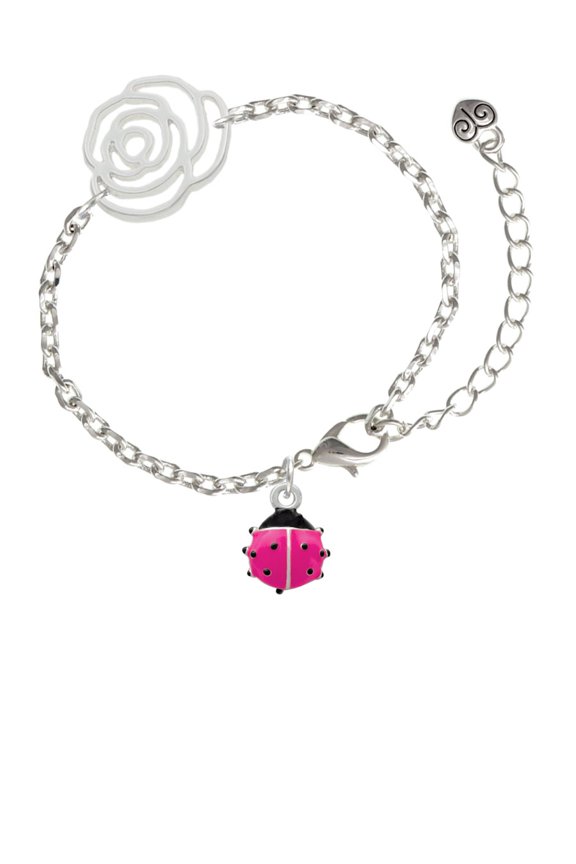 Silvertone Mini Hot Pink Ladybug Silver-tone Flower Link Chain Bracelet, 6.75"+2" Extender