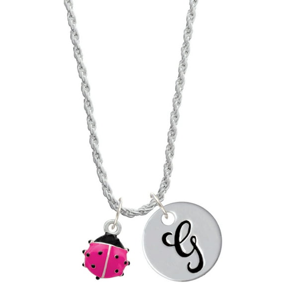 Delight Jewelry Silvertone Mini Hot Pink Ladybug Silvertone Script Initial Disc - G - Charm Necklace, 20"+3"