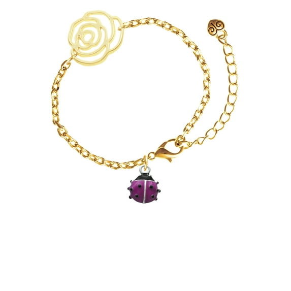Delight Jewelry Silvertone Mini Hot Purple Ladybug Gold-tone Flower Link Chain Bracelet, 6.75"+2" Extender
