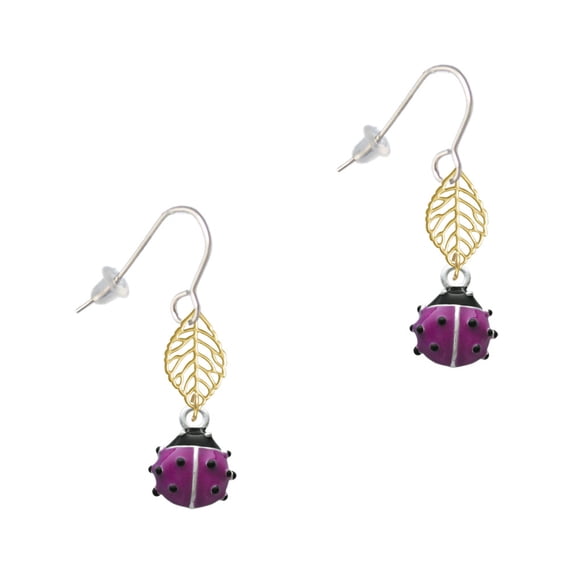 Delight Jewelry Silvertone Mini Hot Purple Ladybug Goldtone Leaf French Earrings