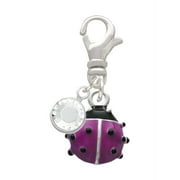 Delight Jewelry Silvertone Mini Hot Purple Ladybug - Silvertone Clip on Charm with Clear Crystal Drop