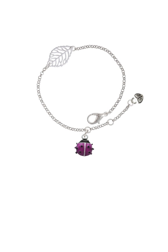 Silvertone Mini Hot Purple Ladybug - Silvertone Leaf Delicate Bracelet, 6.25+1.75"