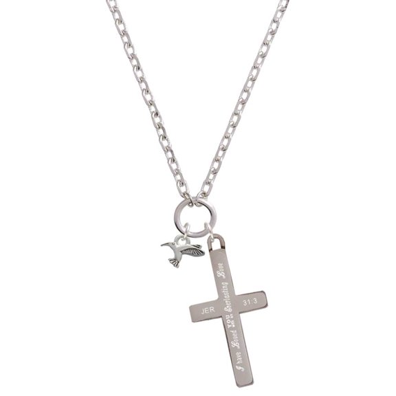 Delight Jewelry Silvertone Mini Hummingbird Everlasting Love Engraved Cross Zoey Necklace, 28"
