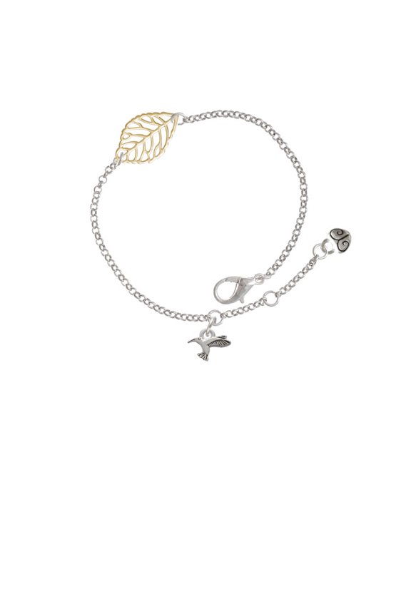 Silvertone Mini Hummingbird - Goldtone Leaf Delicate Bracelet, 6.25+1.75"